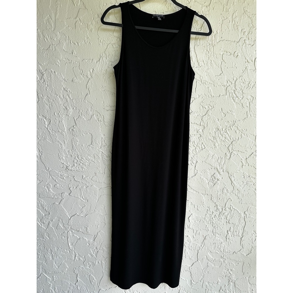 Eileen Fisher Black Stretch Tank Midi Dress Scoop Neck Sleeveless Petite Medium